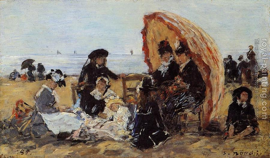 Eugene Boudin : Trouville, on the Beach Sheltered by a Parasol